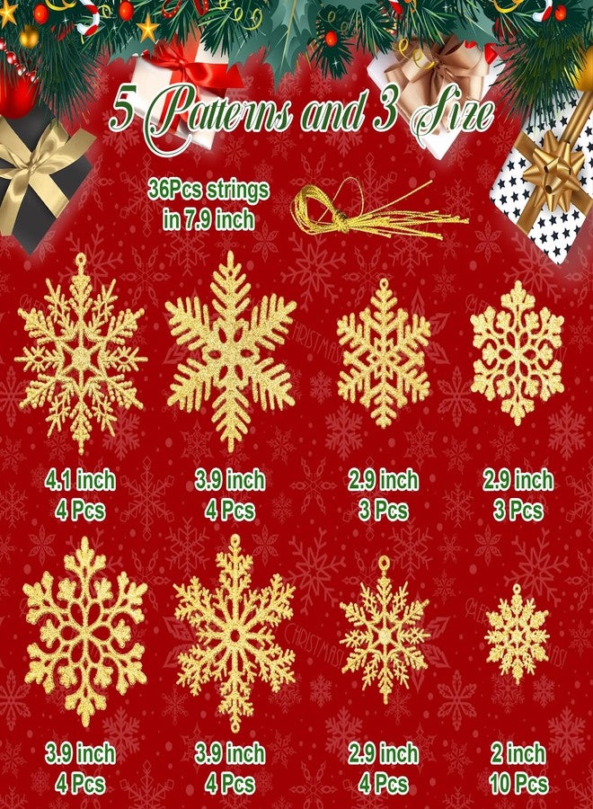 NEWMIAO 36pcs Gold Snowflake Ornaments Christmas Tree Decorations, Glitter Plastic Snow Flakes Christmas Ornaments in 5 Patterns for Tree Garland Indoor Outdoor Winter Wonderland Decor - Image 2